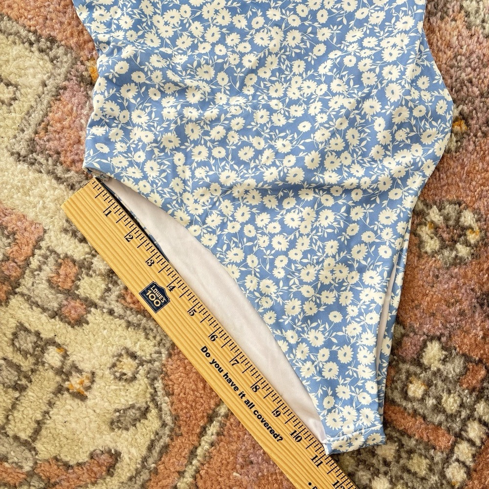 Lost +‎ Wander One Piece Swimsuit Retro Ditzy Floral Blue Ruffle Cut Out Beach - Picture 9 of 10